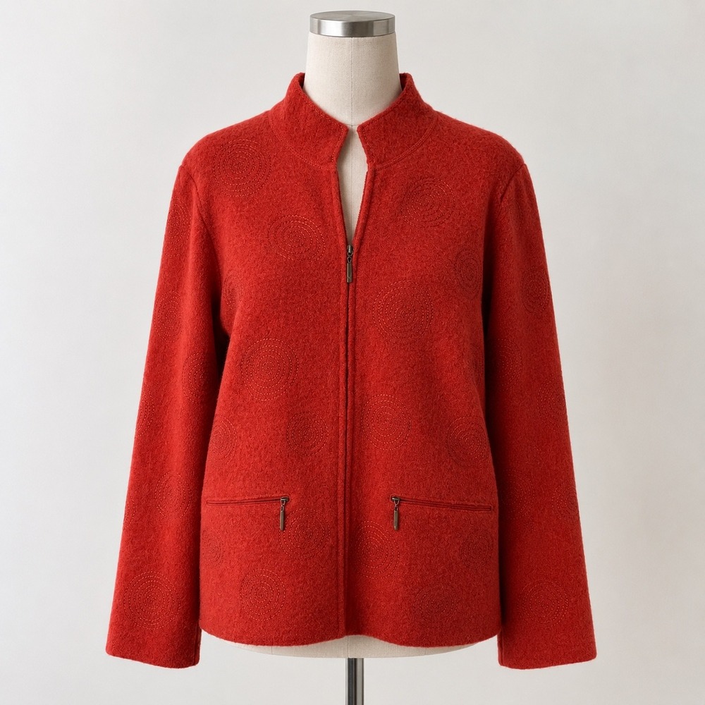 Carole Little Wool Zip Jacket Women M Orange Art to Wear Spiral Boiled Wool Mock